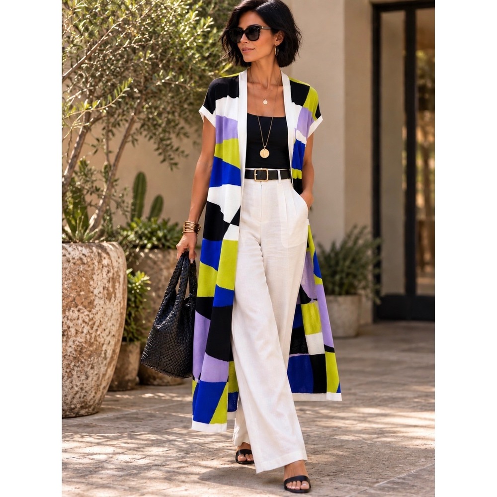 Misook Womens Geometric Knit Longline Duster Vest Cardigan Blue Green Medium